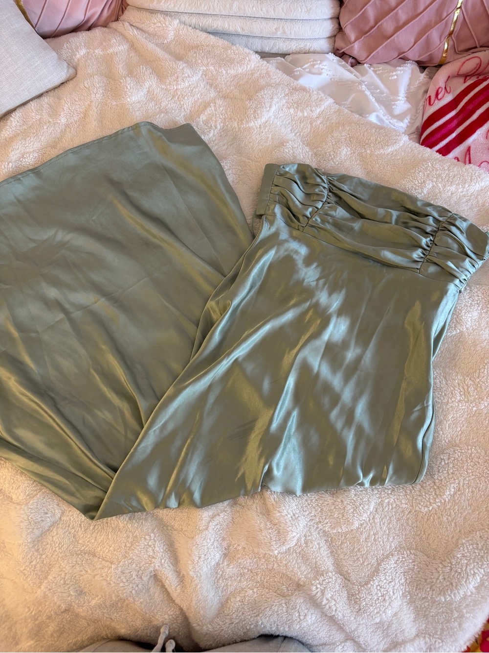 Strapless Sage Green Midi Dress with Ruched Bodice - Picture 3 of 4